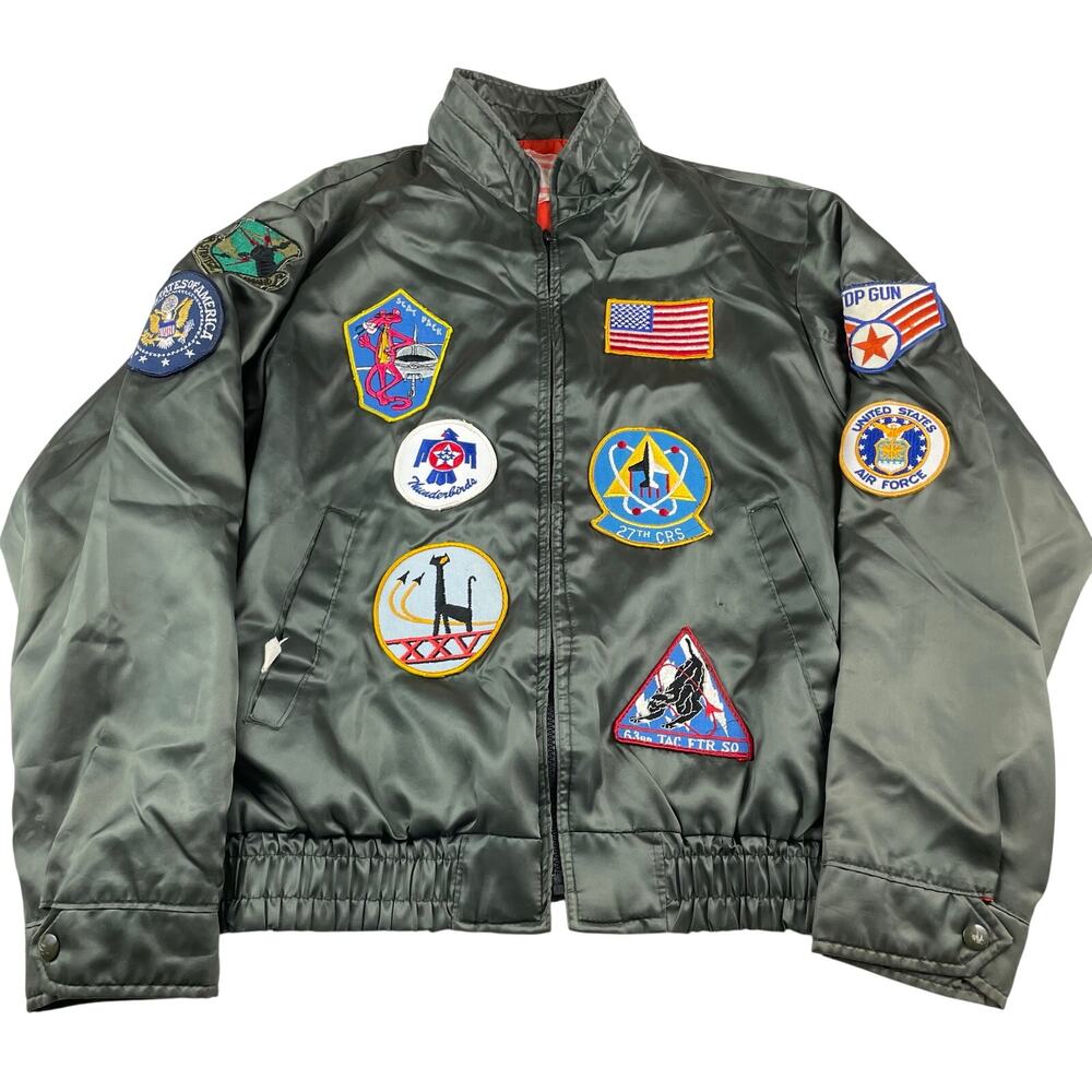 Vtg Military Top Gun Olive Zip Jacket Men's Large Real Patches UPC Made In USA